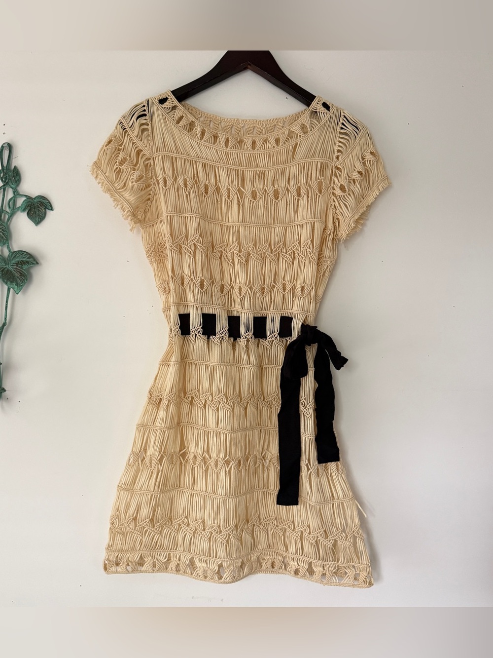 Vintage Diane von Furstenberg Cream Macramé Open Knit Sheer Dress S